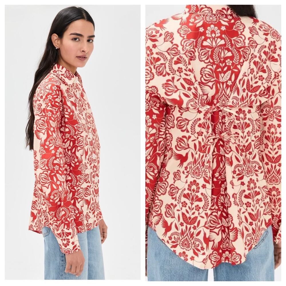 The Lulo Project Ceremony Tie Back Red Folk Button Up Top S NWT